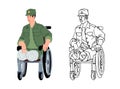 A disabled veteran of the war. A legless soldier in a wheelchair. Victim of a land mine.