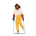 Disabled Woman Character Stand on Crutches. Patient Rehabilitation after Accident, Handicapped Person with Diseased Legs Royalty Free Stock Photo