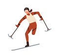 Disabled woman skier with amputated leg vector flat illustration. Paralympic female athlete skiing or performing winter