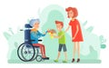 Disabled Woman on Wheelchair, Boy with Flowers Royalty Free Stock Photo