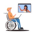 Disabled woman in wheelchair chatting with african american friend in web browser window during video call