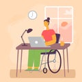 Disabled woman working on laptop. Cartoon young girl on wheelchair working remotely at home. Handicapped female
