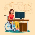 Disabled Woman Working Vector. Socialization Concept. Wheelchair With Person. Flat Cartoon Character Royalty Free Stock Photo