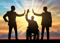 Disabled worker. Silhouette of a disabled man and two workers