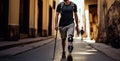 Disabled young man with foot prosthesis walks along the street.