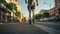 Disabled young man with prosthetic legs walking in the street. AI generated image