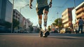 Disabled young man with prosthetic legs walking in the street. AI generated image