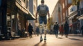 Disabled young man with prosthetic legs walking in the street. AI generated image