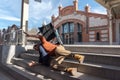 Disabled young man in a wheelchair falls down some stairs Royalty Free Stock Photo