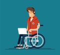 Disabled young man in wheelchair working with computer. Productive online job. Disability, social policy concept
