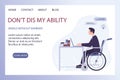 Disabled young man in wheelchair working in office. Happy man with Royalty Free Stock Photo