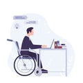 Disabled young man in wheelchair working in office. Happy man with Royalty Free Stock Photo