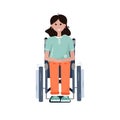 Disabled young woman in wheelchair. Smiling Lady undergoing rehabilitation after disease or trauma. Front view. Vector