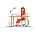 Disabled young woman in wheelchair working with computer. Online job and startup. Physical disability and society.