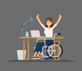 Disabled young woman in wheelchair working with computer. Online job and startup. Physical disability and society.