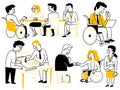 Cute character doodle illustration of. disabled business people at work