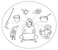 Disadvantage of work from home. Woman with laptop surrounded by child, cat, household duties. Hand drawn doodle vector