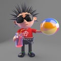 Disaffected punk rocker holding a beachball and drink, 3d illustration