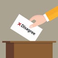 Disagree cross mark choice vote hand putting a ballot paper in a slot of box