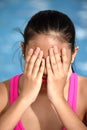 Disappointed Beautiful Asian Teen Girl Sitting By Pool Royalty Free Stock Photo