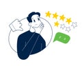 Disappointed customer leaves bad review, person chooses 3 stars rating, thumbs down icon, flat vector illustration