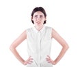 A disappointed girl. A confused girl with hands on hips. An angry female isolated on a white background. Communication problems. Royalty Free Stock Photo