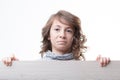 Disappointed girl, disgusted face, holds wooden sign