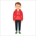 Disappointed little boy in red hoodie