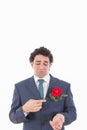 Disappointed man in suit with face expression showing with his h Royalty Free Stock Photo