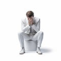 Disappointed Man In White Suit: Emotional Sensitivity And Foreshortening Techniques Royalty Free Stock Photo