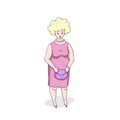 Disappointed plump woman in pink dress