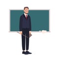 Disappointed school teacher or university professor standing beside chalkboard and looking at audience. Shocked lecturer Royalty Free Stock Photo