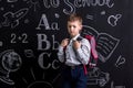 Disappointed schoolboy standing before the chalkboard as a background with a backpack on his back. Landscape picture