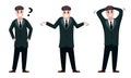 disappointed, upset, questioning businessmen. businessmen in black office suits, office workers. vector flat cartoon