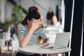 Disappointed woman holding and looking on mobile phone, she is disgusted and shocked with received message. Royalty Free Stock Photo