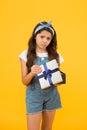 Disappointment concept. Not what I wanted. Kid love birthday gift. Feeling sad bad gift. Surprise present box. Kid girl