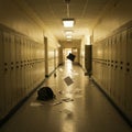 Disarray in School Hallway: Beige Lockers and Scattered Papers Royalty Free Stock Photo
