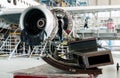 Disassembled airplane for repair and modernization in jet hangar