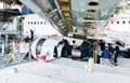 Disassembled airplane for repair and modernization in jet hangar