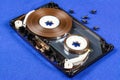 Disassembled audio compact cassette with SM mechanism. Audio cassette with tape guide as security mechanism and screws, on blue