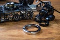 Disassembled broken film camera