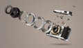Disassembled camera with pieces that jump, photomontage,