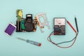 Disassembled camera and tools
