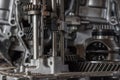 Disassembled car dirty engine and gear at garage Royalty Free Stock Photo