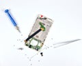 Disassembled cell phone with radio components and microcircuits