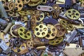 Disassembled clock mechanism in the box, in the metal workshop Royalty Free Stock Photo