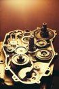 Disassembled engine of motorcycle with gears