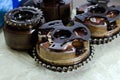 Disassembled gear parts with lubricated machine oil