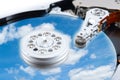 disassembled hard drive with the backdrop of clouds, the concept of cloud storage on white background, hdd, hard disk drive Royalty Free Stock Photo