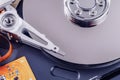 Disassembled hard drive close up with plates and head unit visible Royalty Free Stock Photo